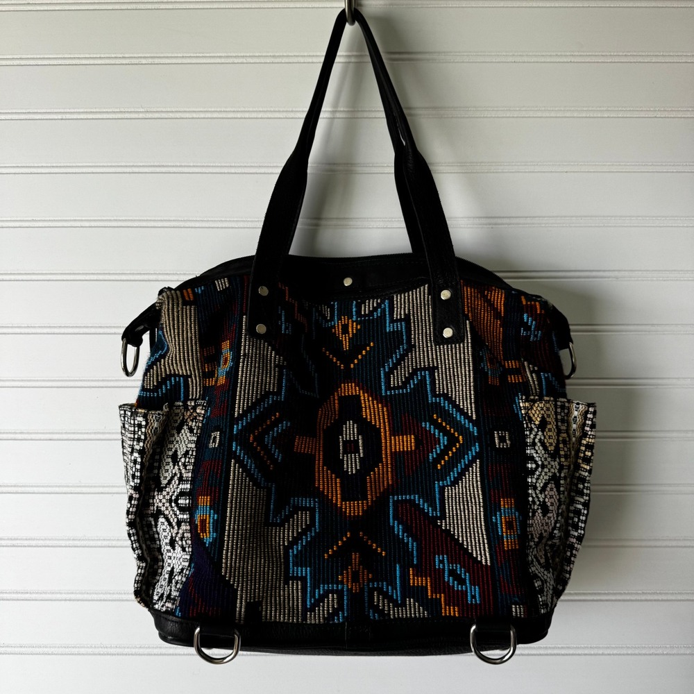 Maria's Artisan Shop Boho Tribal Woven Leather Tote Bag Fringe Backpack - Picture 2 of 14